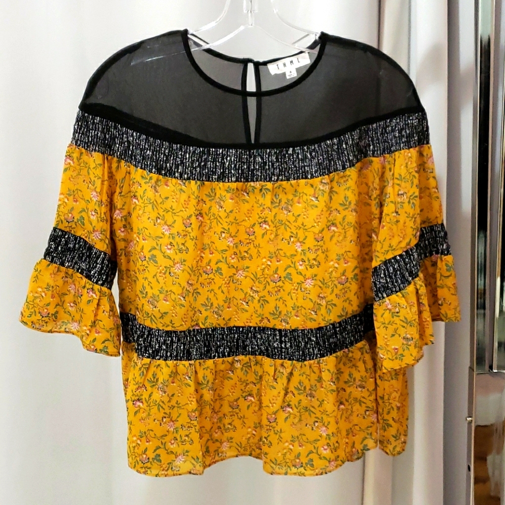 THML Mustard and Black Floral Blouse